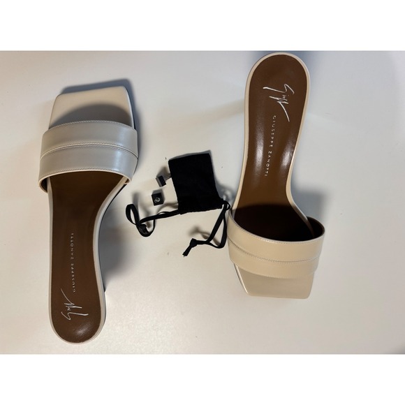 Giuseppe Zanotti Cream Leather Square Toe Kitten Heel Mules Sandals Sz 8 - Picture 13 of 16
